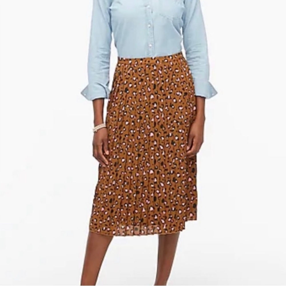 J Crew tan and pink leopard print midi pleated skirt